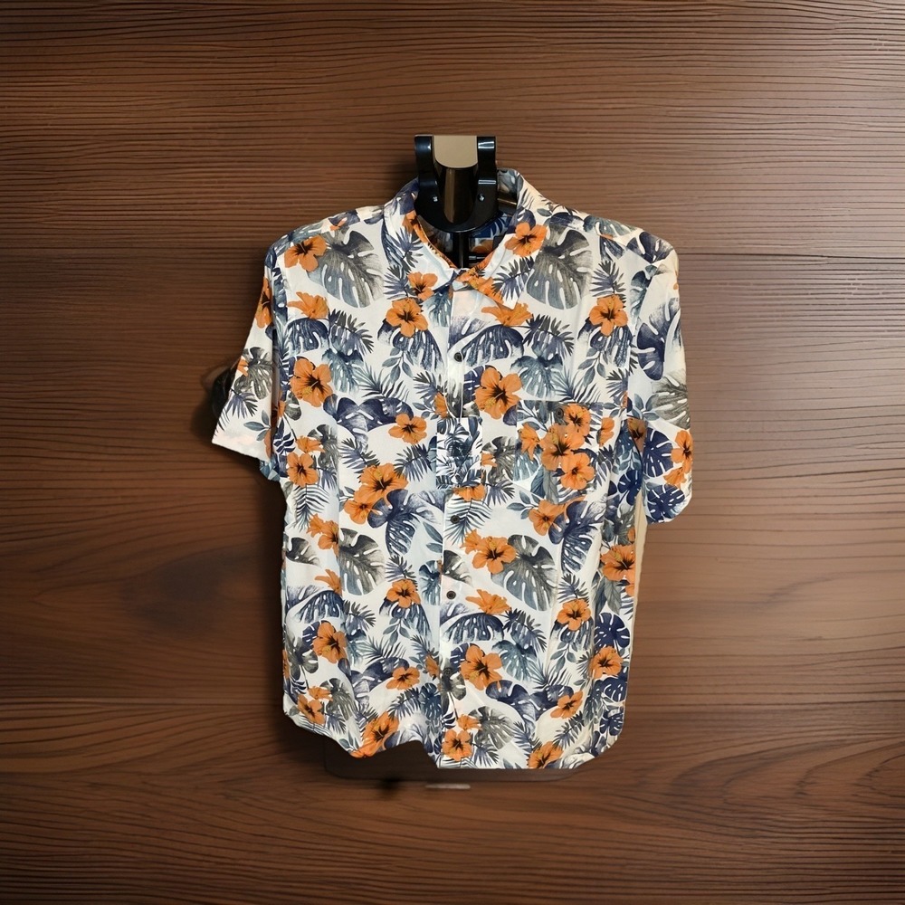 Havana Jim Mens Floral Hibiscus Short Sleeve Button Down‎ Orange Blue White M